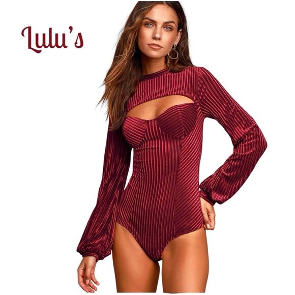 Lulus Striped Sheer Burgundy Feminine Victorian Cut Out Body Suit NWOT Size L - Picture 1 of 13